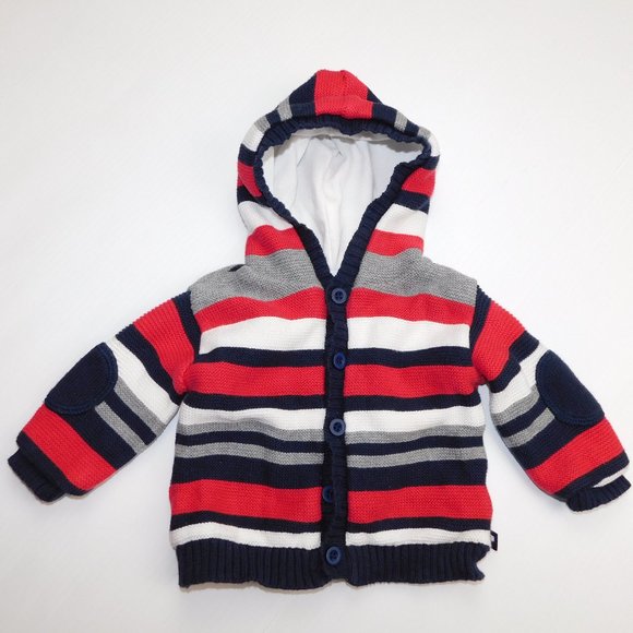 Kitestrings Baby 0-3 Months Striped Knit Hooded lined Cardigan Sweater Red White - Picture 1 of 7